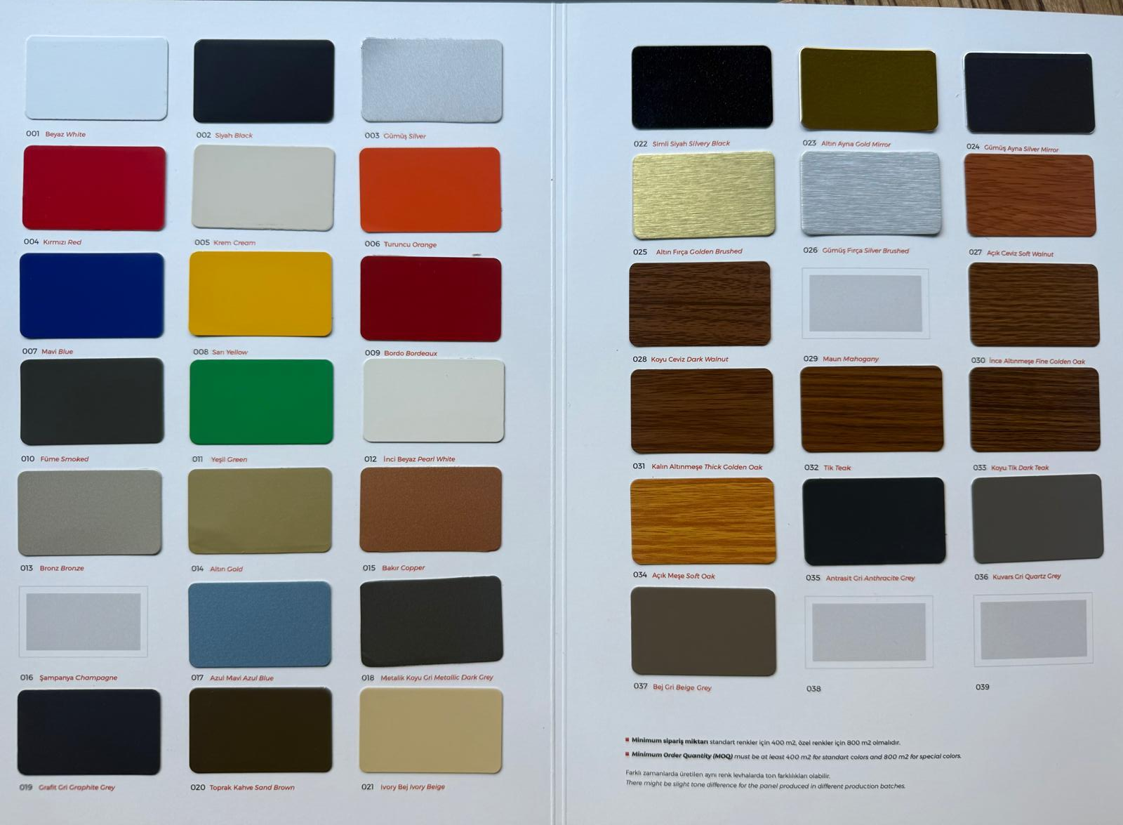 MG Bond kompozit panel kartelası